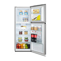 Hisense HRTF205S 205L Top Mount Fridge Silver, Front view with doors open, full of food items, and bottles