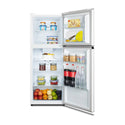 Hisense HRTF205 205L Top Mount Fridge White, Front view with doors open, full of food items, and bottles