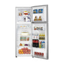 Hisense 326L Top Mount Fridge Silver HRTF326S, Front view with doors open, full of food items, and bottles