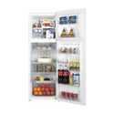 Hisense 326L Top Mount Fridge White HRTF326, Front view with open doors, full of food items, and bottles