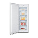 Hisense 155L Upright Freezer White HRVF155, Front view with door open, full of food items, and bottles