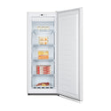 Hisense 155L Upright Freezer White HRVF155, Front view with door open, full of food items, and bottles