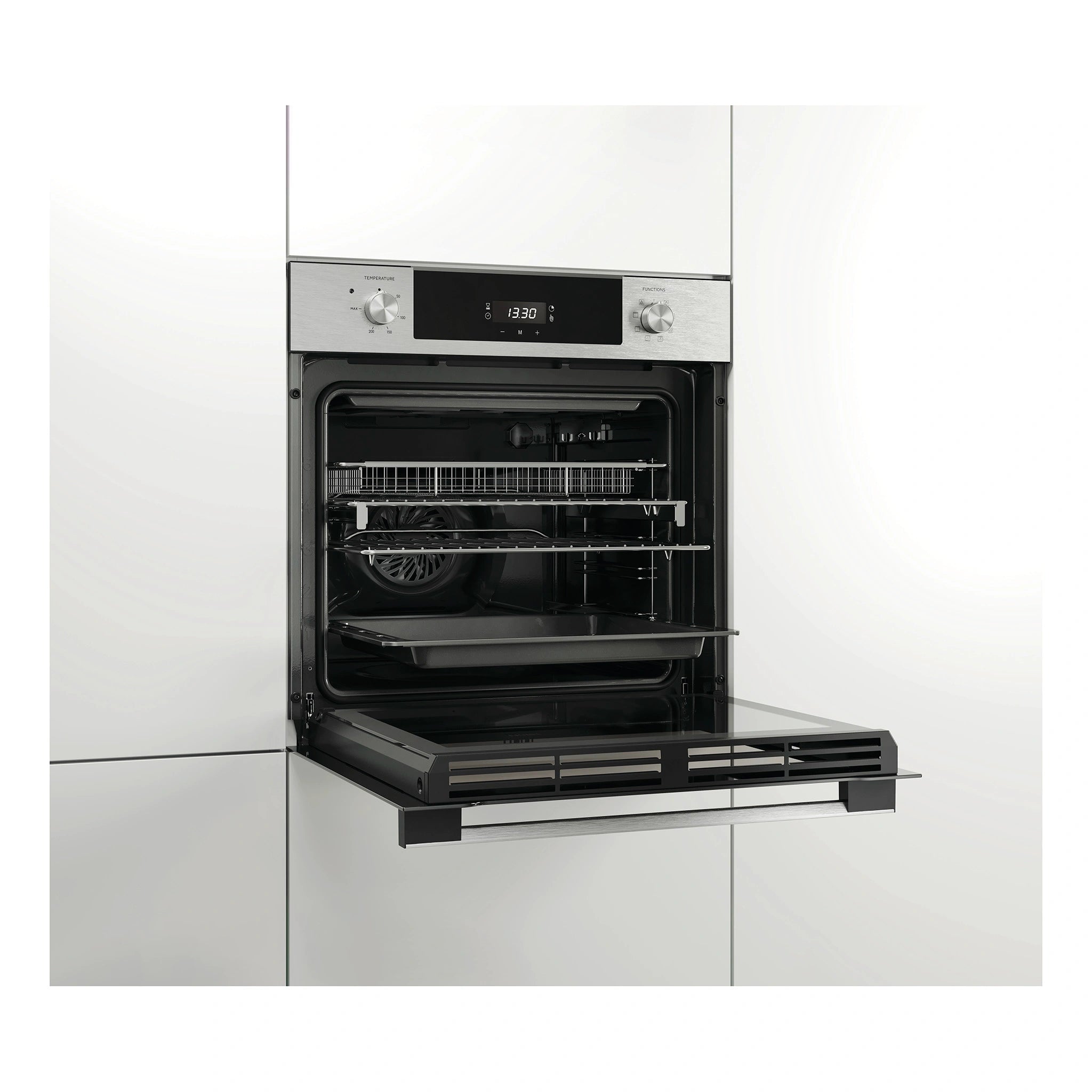 Haier 60cm Stainless Steel 7 Function Oven with Air Fry Grey HWO60S7EX4, Side View Door Open