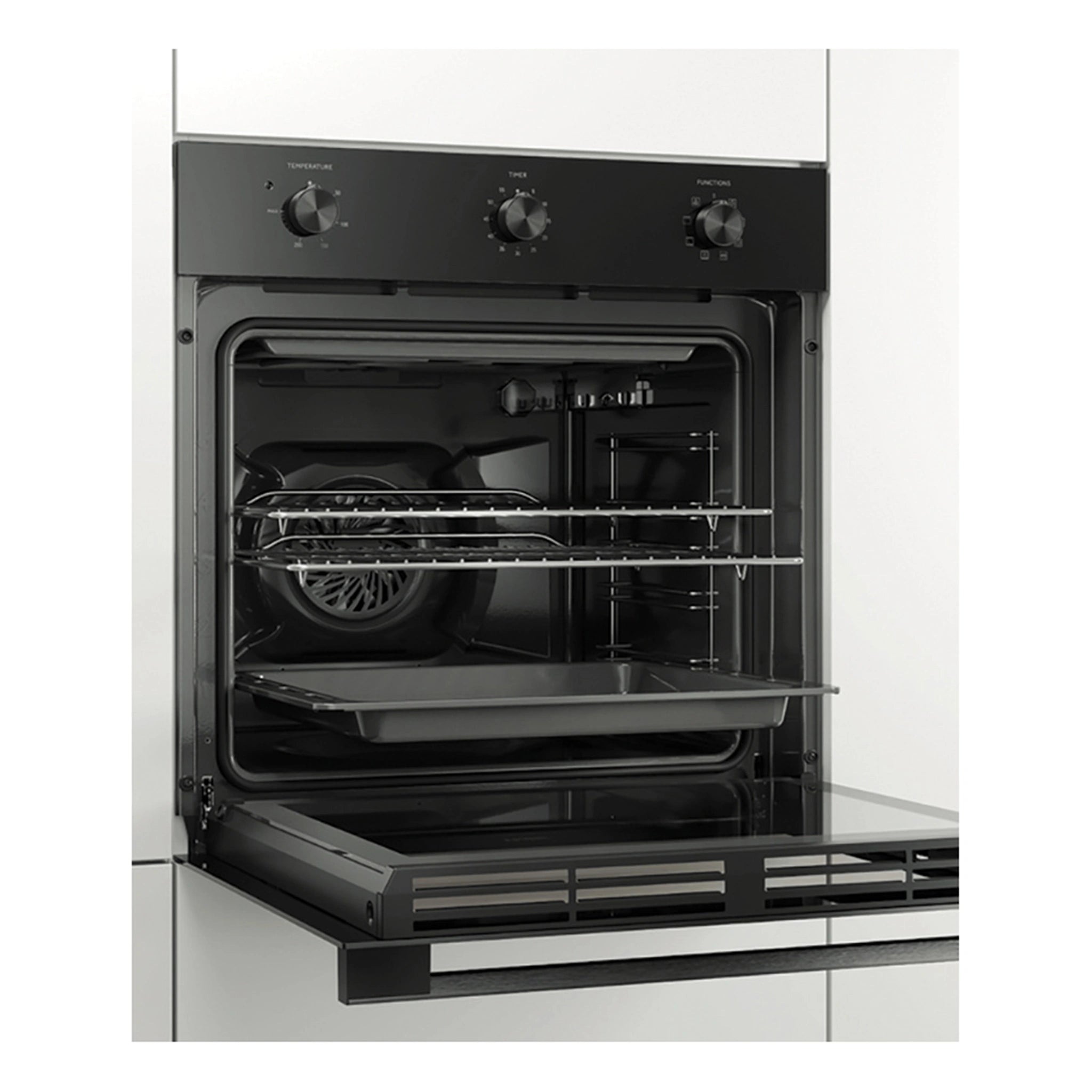 Haier 60cm Black Glass Multi Function Oven HWO60S7MB3, Side View Door Open