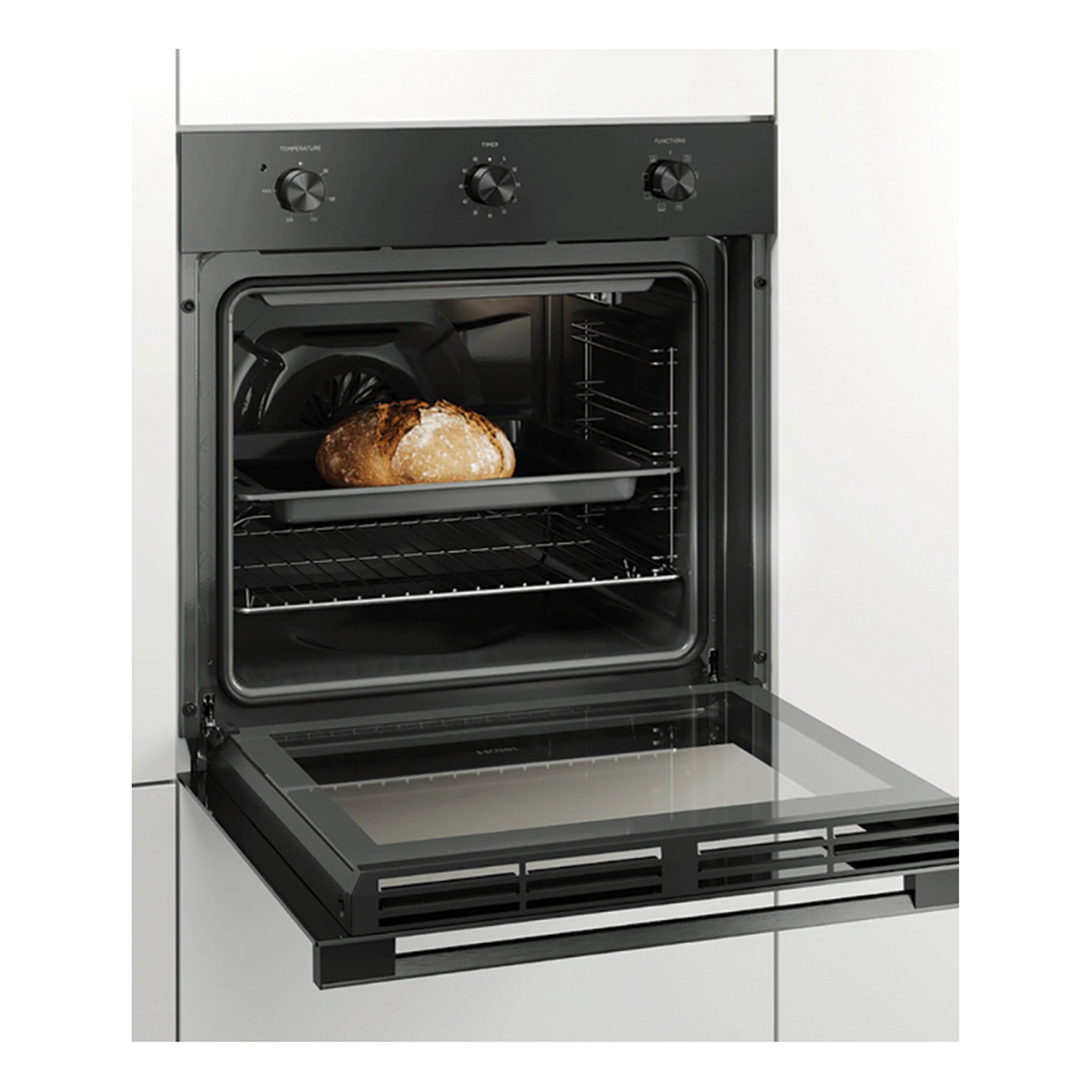 Haier 60cm Black Glass Multi Function Oven HWO60S7MB3, Side View Door Open Cooking