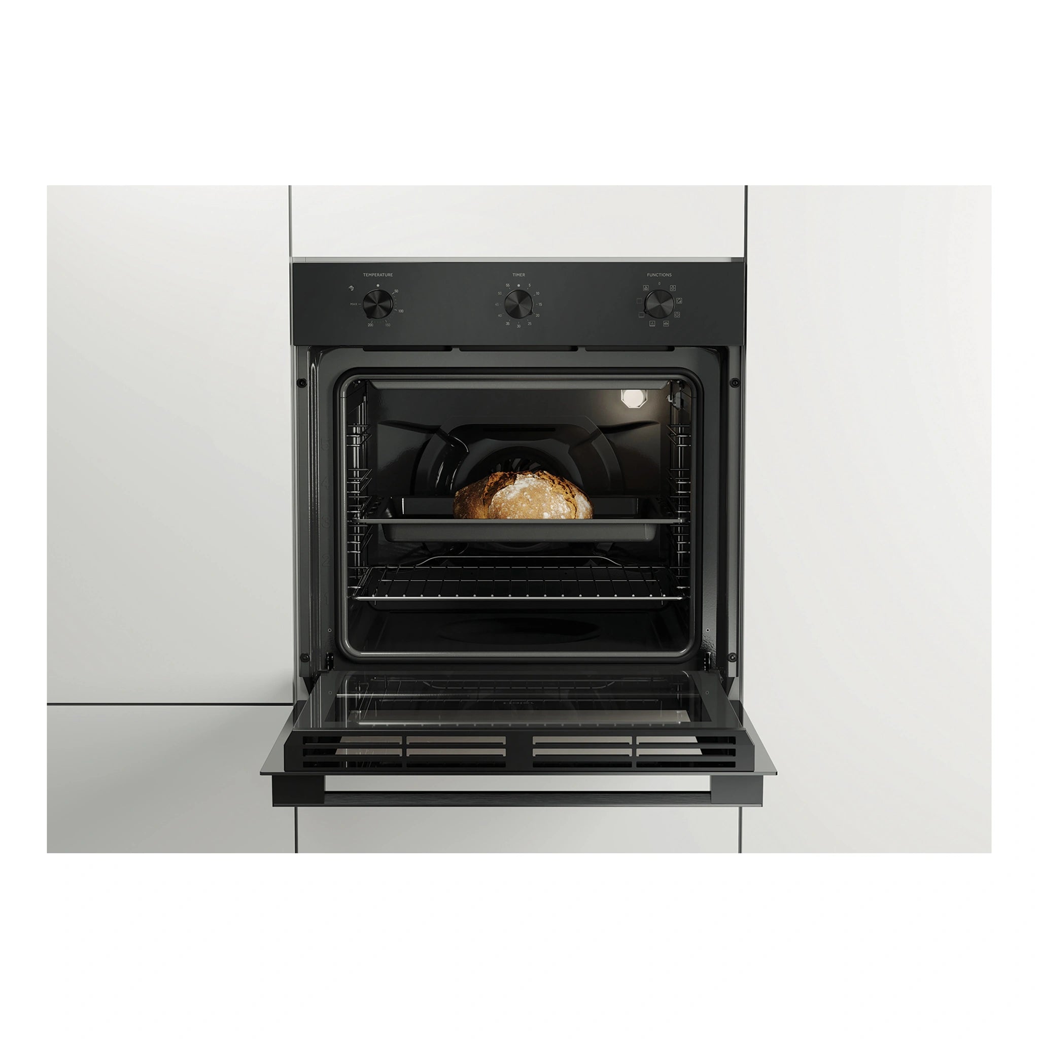 Haier 60cm Black Multi Function Oven HWO60S7MB4, Front View Door Open Cooking
