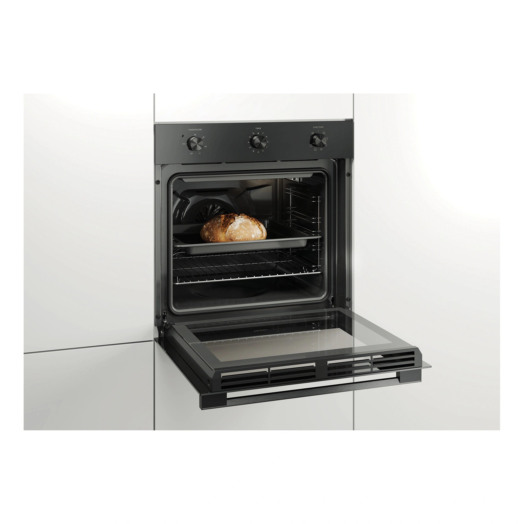 Haier 60cm Black Multi Function Oven HWO60S7MB4, Side View Door Open Cooking