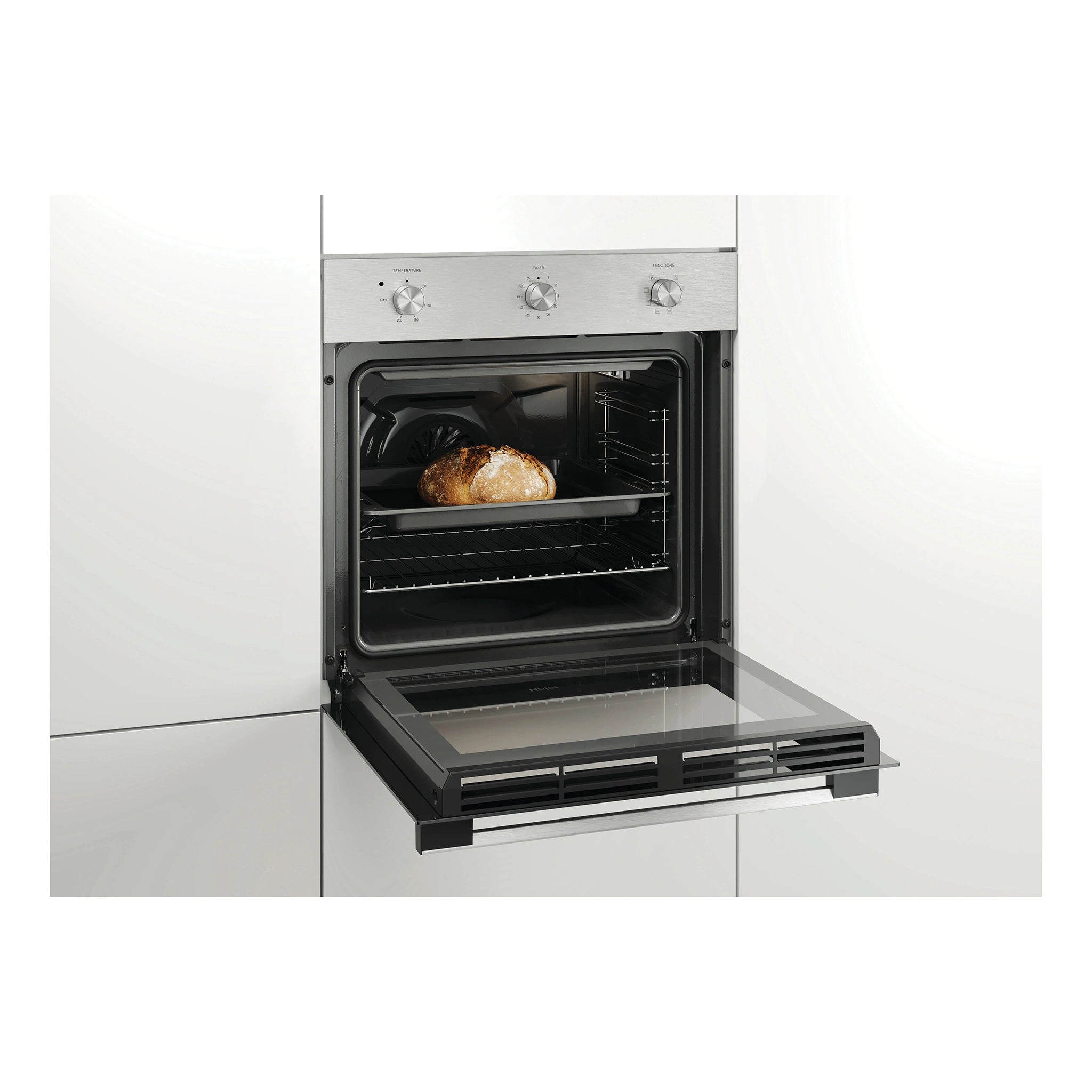 Haier 60cm 7 Function Stainless Steel Multi Function Oven HWO60S7MX4, Side View Door Open Cooking