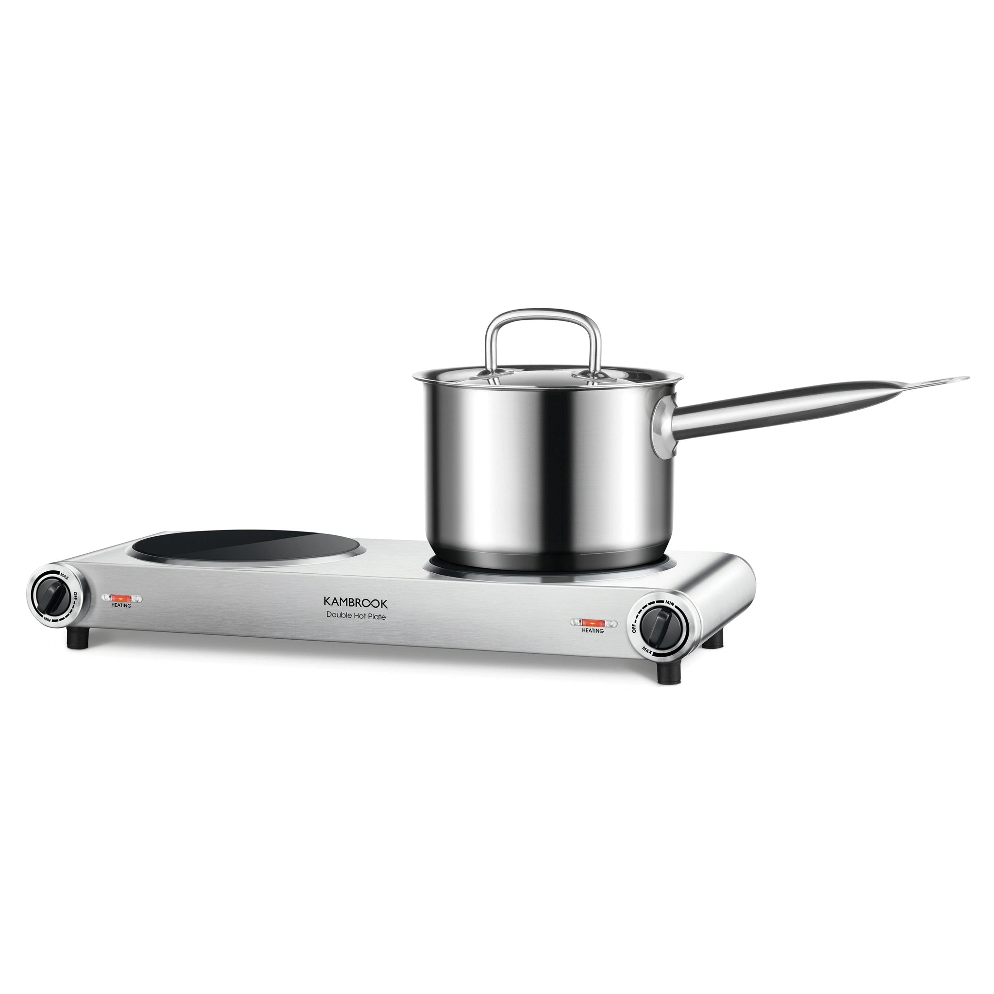 Kambrook Double Portable Ceramic Cooktop KHP120BSS, Front View with Pot