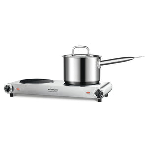 Kambrook Double Portable Ceramic Cooktop KHP120BSS, Front View with Pot