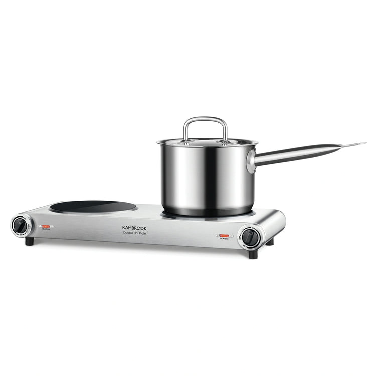 Kambrook Double Portable Ceramic Cooktop KHP120BSS, Front View with Pot