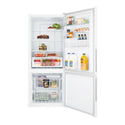 Kelvinator KBM4502WA 453L Bottom Mount Fridge White, Front view with doors open, full of food items, and bottles
