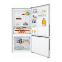 Kelvinator KBM5302AA 528L Bottom Mount Fridge White, Front view with doors open, full of food items, and bottles