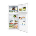 Kelvinator KTB2302WBR 211L Top Mount Fridge White, Front view with doors open, full of food items, and bottles