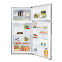 Kelvinator KTM5402ACR 503L Top Mount Fridge Silver, Front view with doors open, full of food items, and bottles