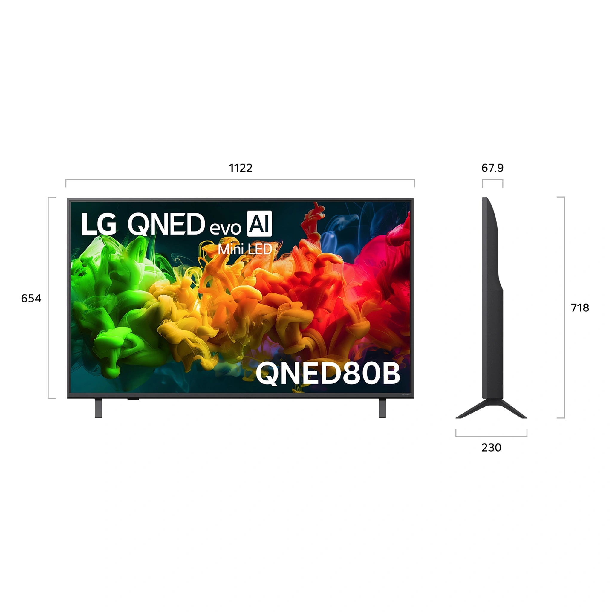 LG 50 Inch evo AI Mini LED 4K Smart TV 2026 50QNED80BSA, Dimensions View
