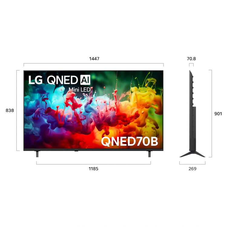 LG 65 Inch QNED70 Mini LED 4K AI Smart TV 65QNED70BSA, Dimensions View