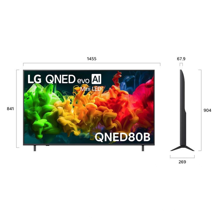 LG 65 Inch evo AI Mini LED 4K Smart TV 2026 65QNED80BSA. Dimensions View