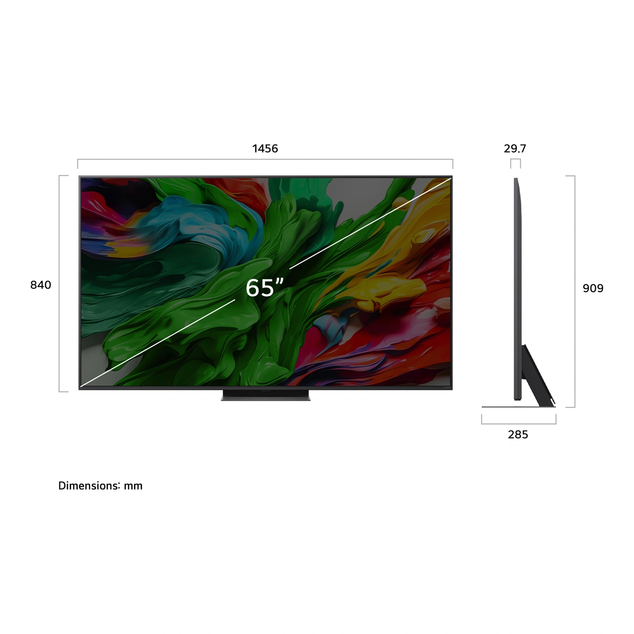 LG 65 Inch QNED evo AI QNED86 MiniLED 4k Smart TV 65QNED86ASA, Dimensions View