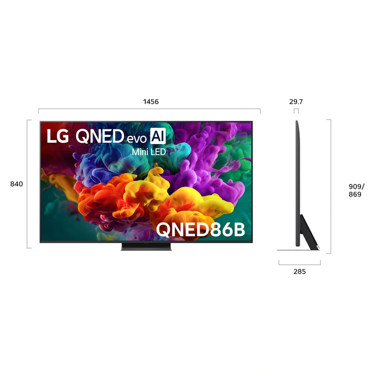 LG 65 Inch evo AI Mini LED 4K Smart TV 2026 65QNED86BSA, Dimensions View