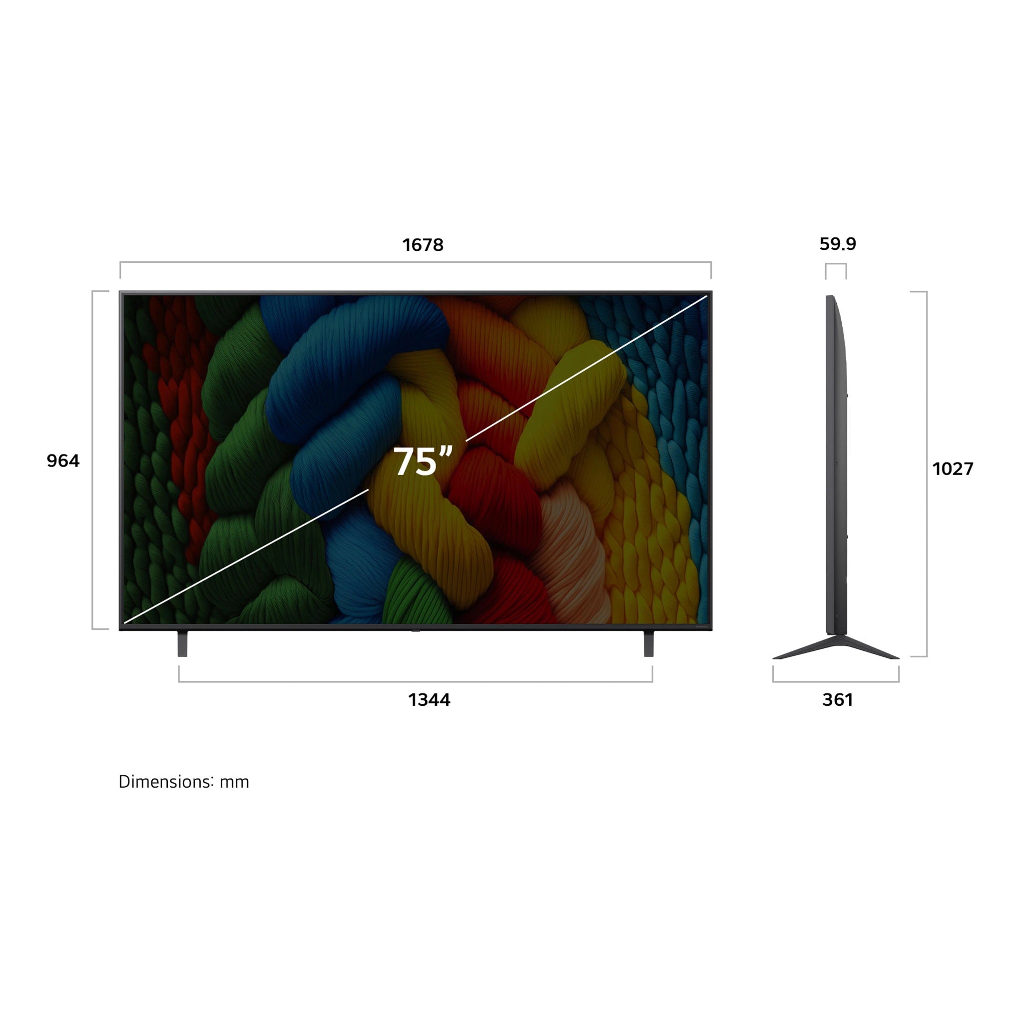 LG 75 Inch Nano Cell AI NANO80 4k Smart TV 2025 75NANO80ASA, Dimensions View