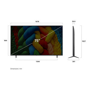 LG 75 Inch Nano Cell AI NANO80 4k Smart TV 2025 75NANO80ASA, Dimensions View