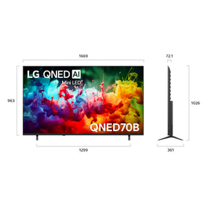 LG 75 Inch QNED70 Mini LED 4K AI Smart TV 75QNED70BSA, Dimensions View