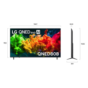 LG 75 Inch evo AI Mini LED 4K Smart TV 2026 75QNED80BSA, Dimensions View