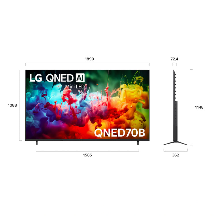 LG 85 Inch Mini LED 4K AI Smart TV 85QNED70BSA, Dimensions View
