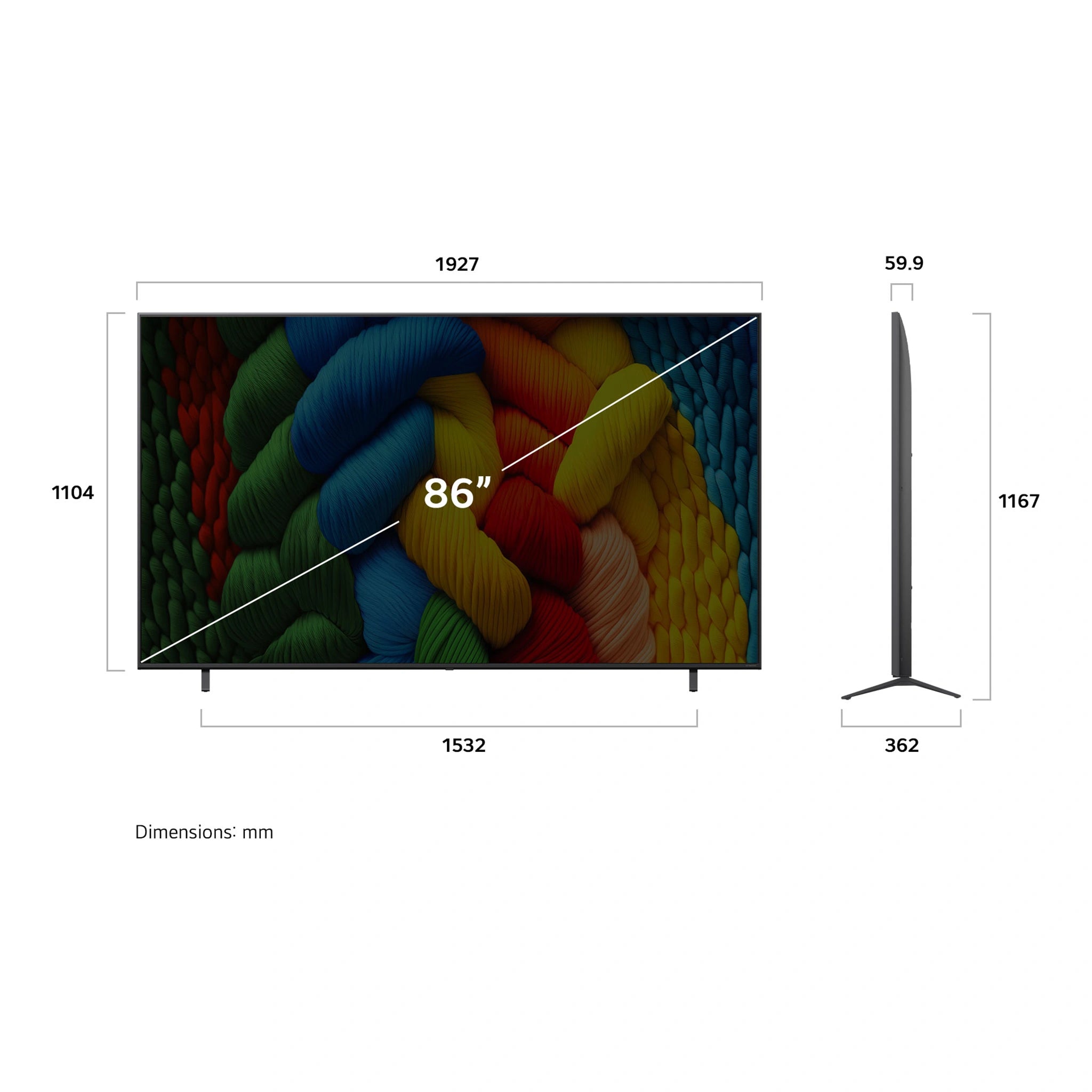 LG 86 Inch Nano Cell AI NANO80 4k Smart TV 2025 86NANO80ASA, Dimensions View