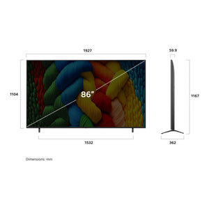 LG 86 Inch Nano Cell AI NANO80 4k Smart TV 2025 86NANO80ASA, Dimensions View