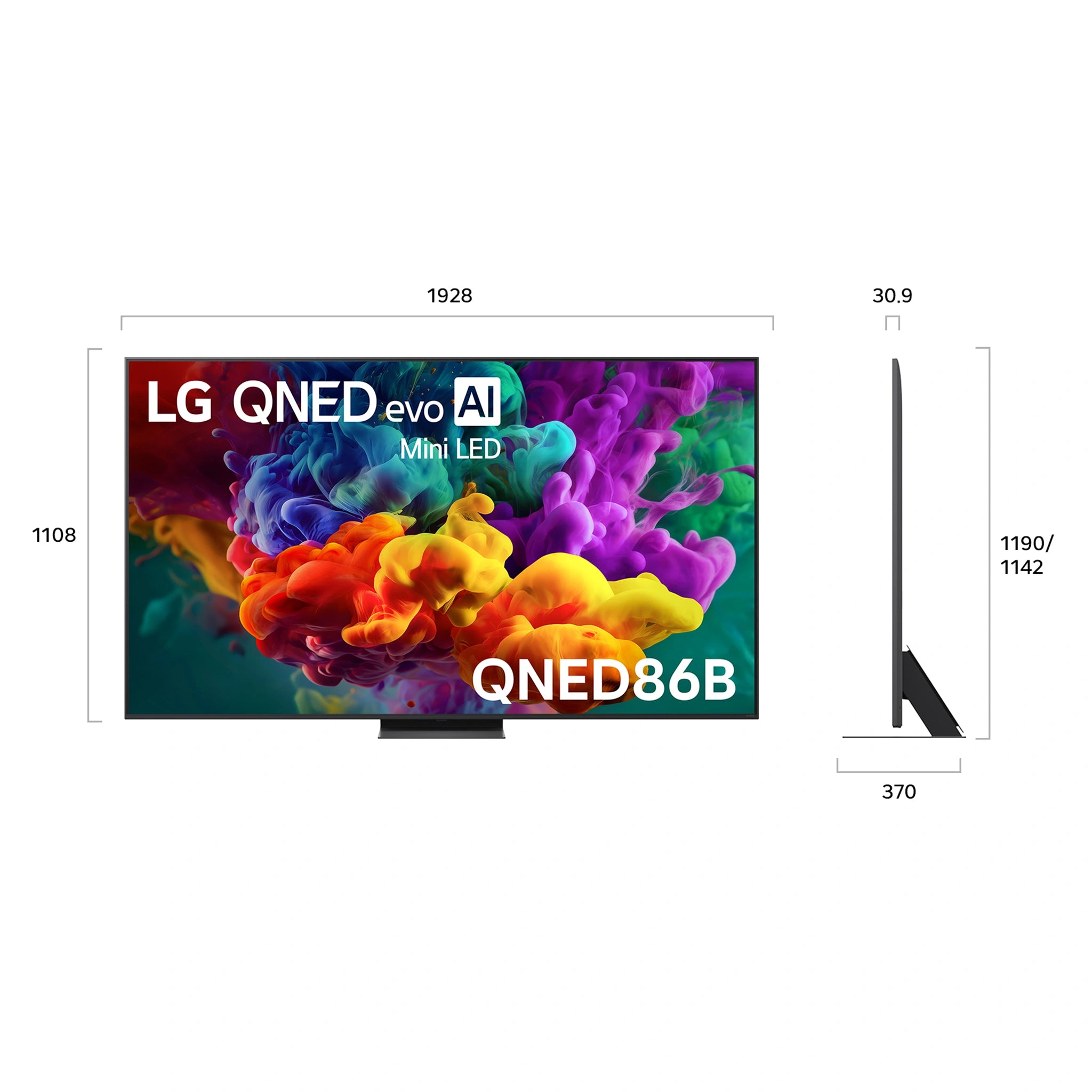 LG 86 Inch evo AI Mini LED 4K Smart TV 2026 86QNED86BSA, Dimensions View