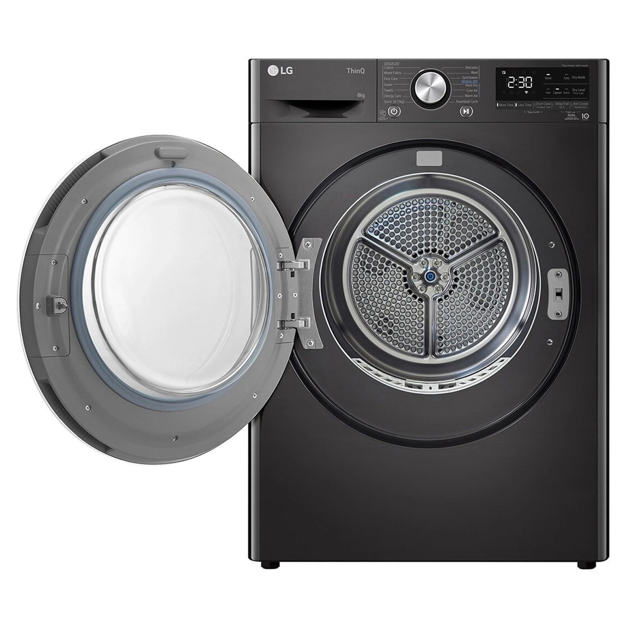 LG 8kg Series 9 Heat Pump Dryer 9 Star DVH908B, Front Left Side Door Open View