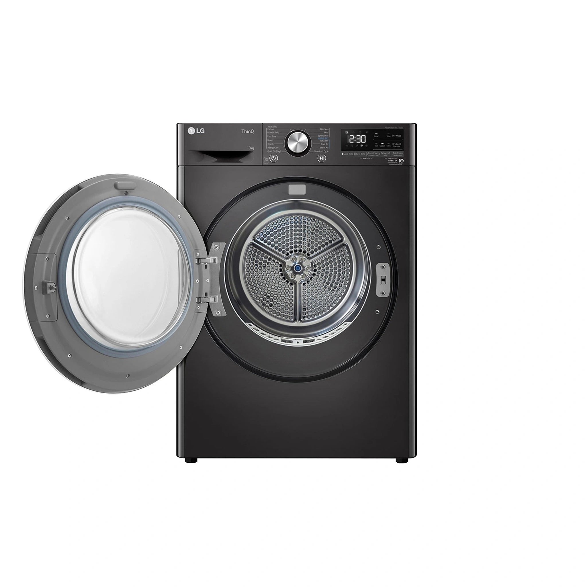 LG 9kg Series 9 Heat Pump Dryer – Black DVH909B, Front Left Side With Door Open