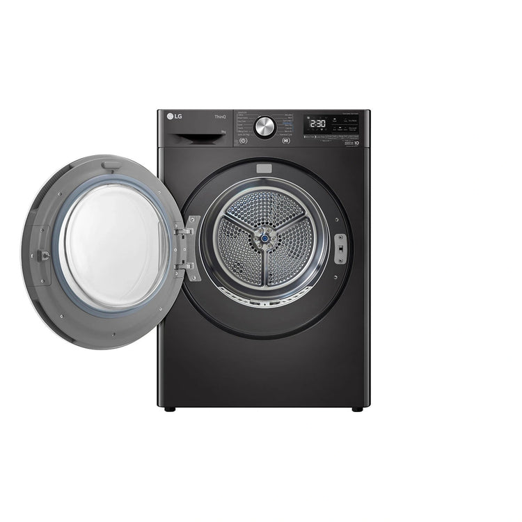 LG 9kg Series 9 Heat Pump Dryer – Black DVH909B, Front Left Side With Door Open