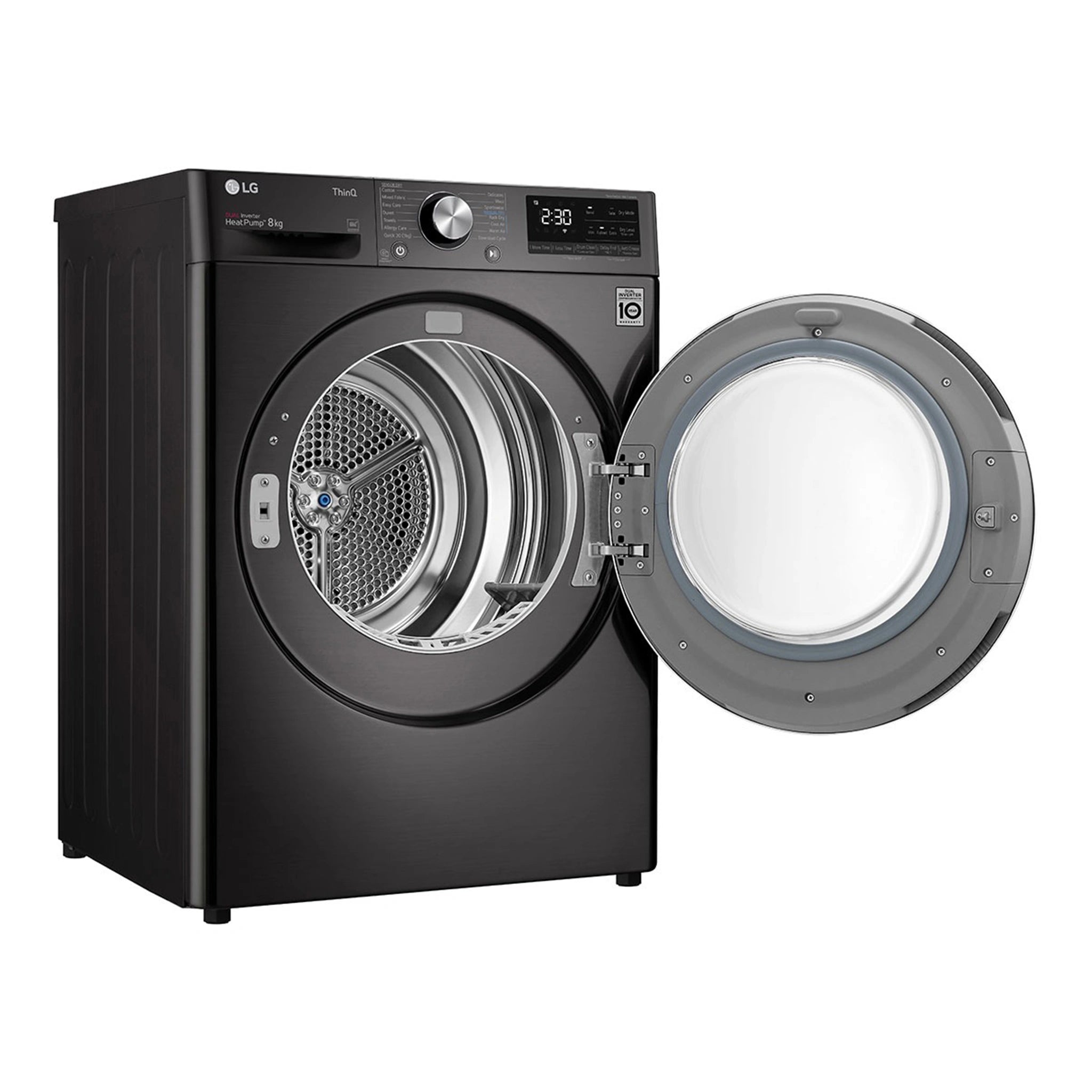 LG 9kg Series 9 Heat Pump Dryer – Black DVH909B, Left Side View With Door Open