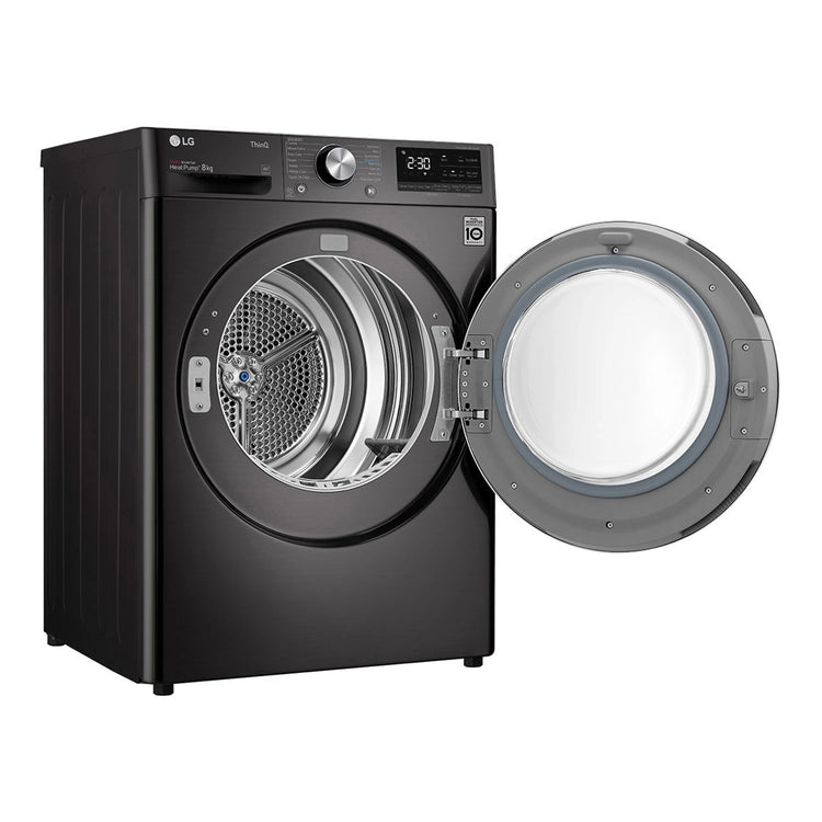 LG 9kg Series 9 Heat Pump Dryer – Black DVH909B, Left Side View With Door Open