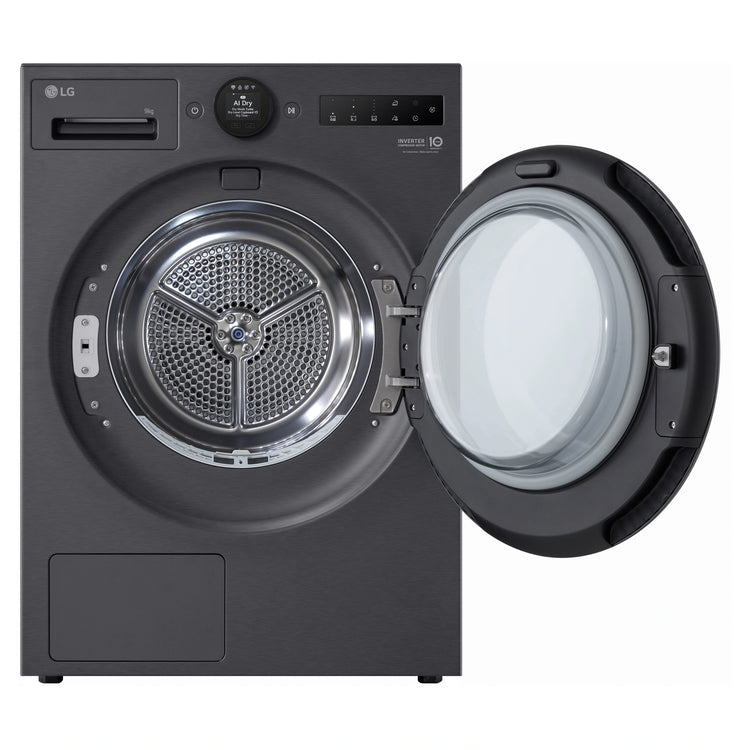 LG 9kg Series 9 Matte Black Heat Pump Dryer 9 Star DXH909MB, Front View with Door Open
