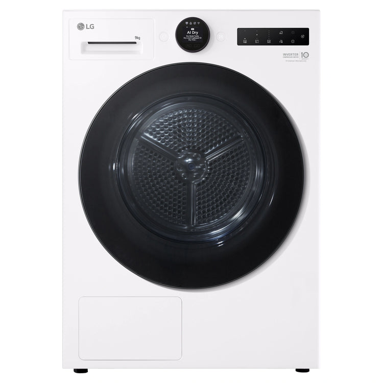 LG 9kg Series 9 White Heat Pump Dryer 9 Star Energy Rating DXH909W, Front View