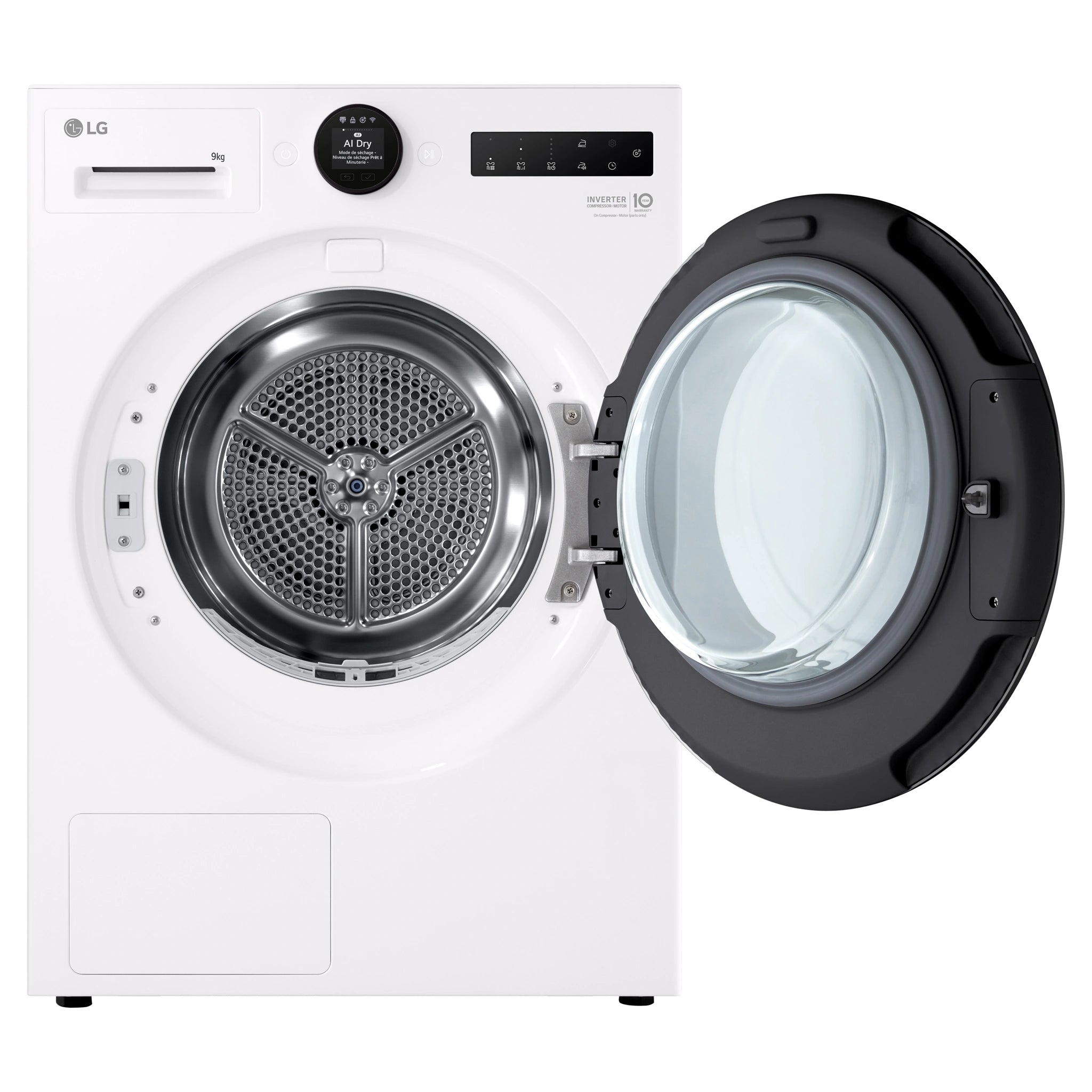 LG 9kg Series 9 White Heat Pump Dryer 9 Star Energy Rating DXH909W, Front View with Door Open