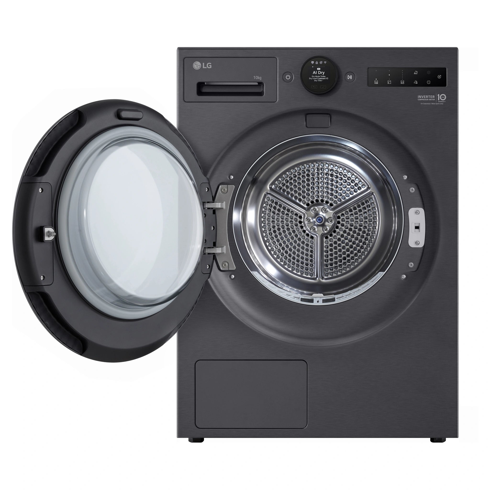 LG 10kg Series 9 Matte Black Heat Pump Dryer 9 Star DXH910MB, Front View with Door Open
