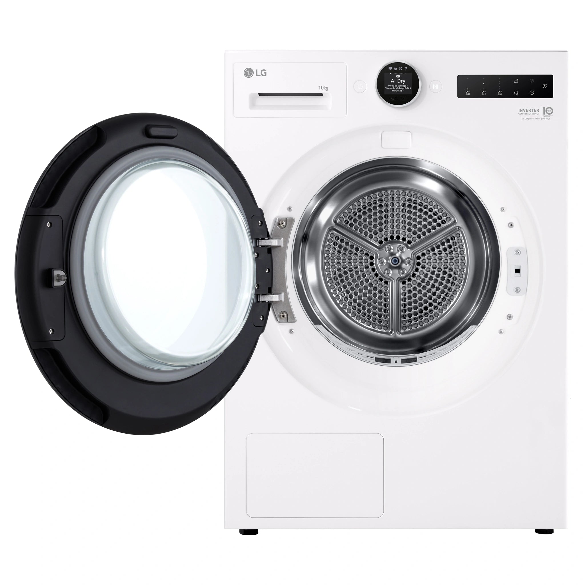 LG 10kg Series 9 White Heat Pump Dryer 9 Star DXH910W, Front View with Door Open