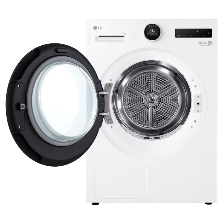 LG 10kg Series 9 White Heat Pump Dryer 9 Star DXH910W, Front View with Door Open