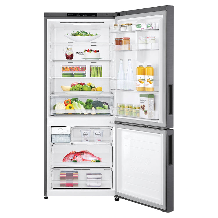 LG 420L Bottom Mount Fridge - Graphite Finish GB455UPLE, Front Door Open View With Storages