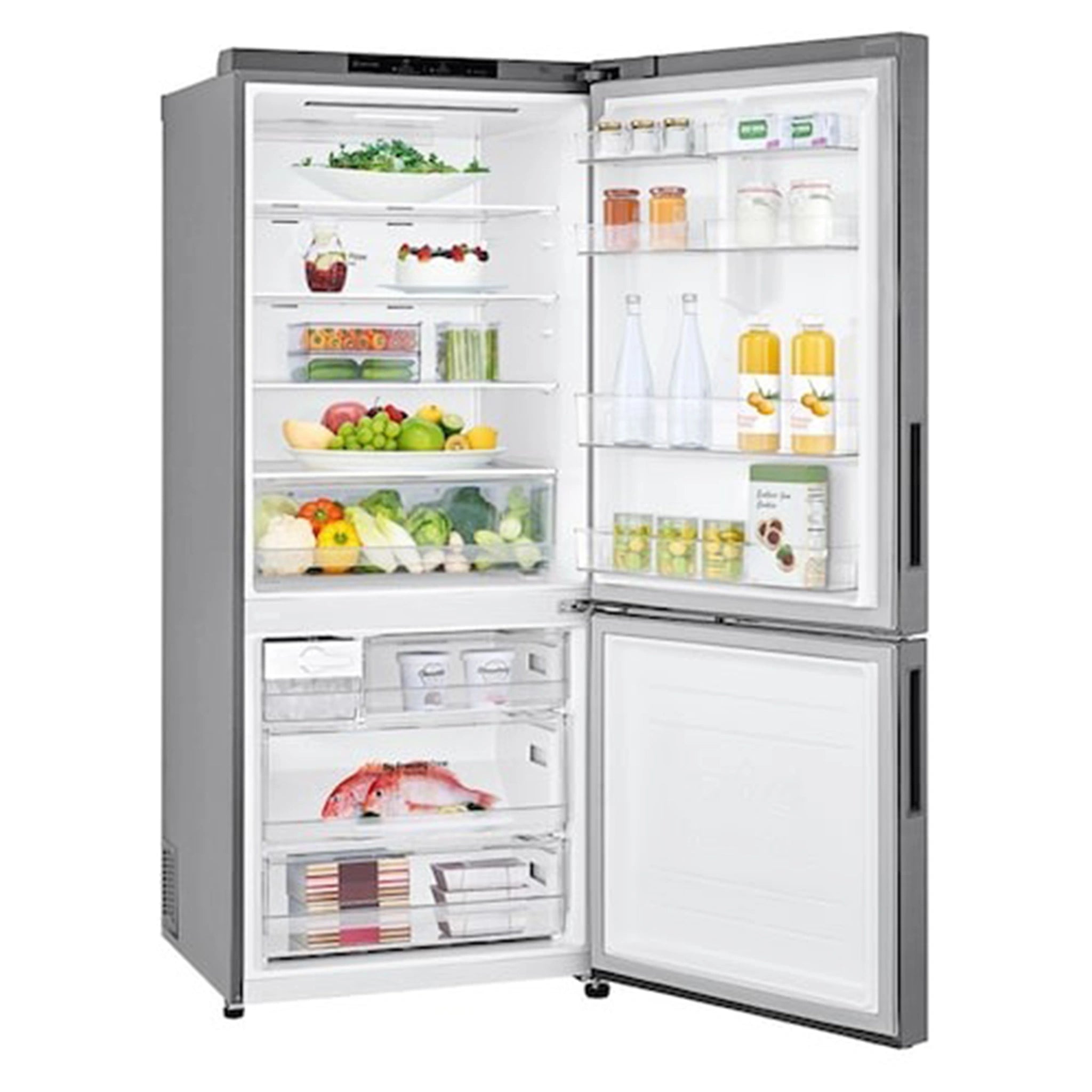 LG 420L Bottom Mount Fridge - Graphite Finish GB455UPLE, Right Side Door Open View With Storages