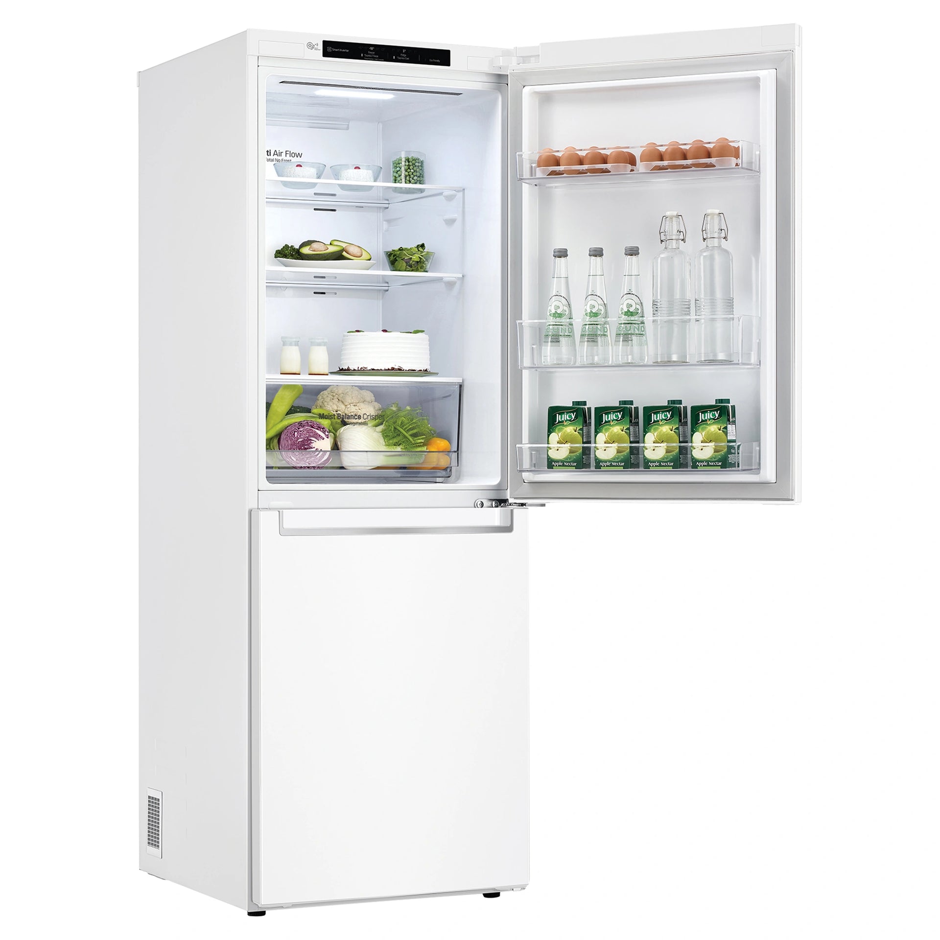 LG 420L Bottom Mount Fridge - White Finish GB455WL, Freezer Door Open View With Storages