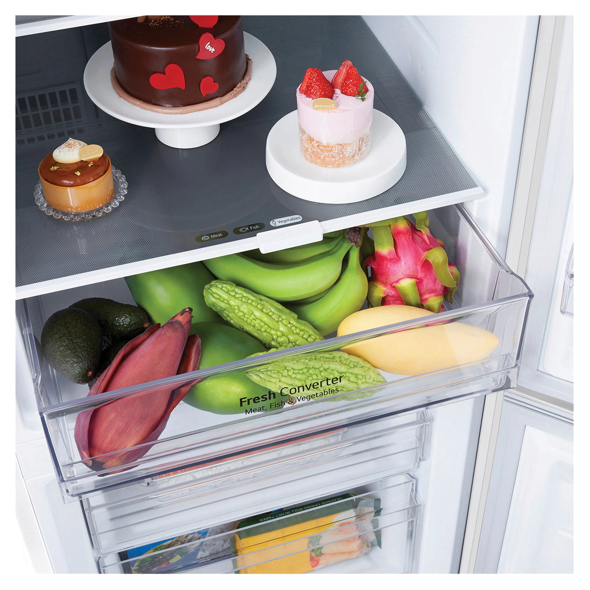 LG 335L Bottom Mount Fridge - Matte White Finish GBB300MWH, Fresh Converter Close-Up View With Storages 2