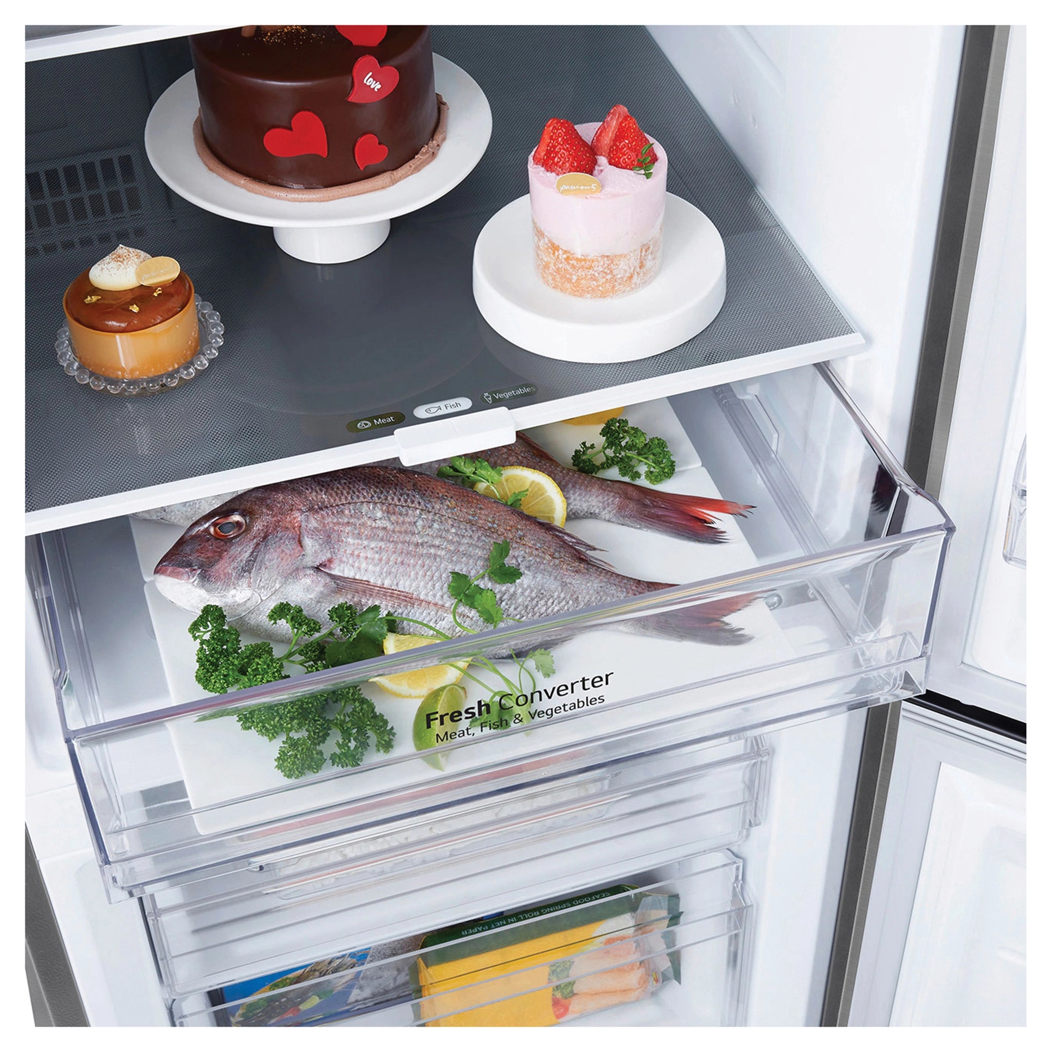 LG 335L Bottom Mount Fridge - Stainless Finish GBB300PL, Fresh Converter View With Storages