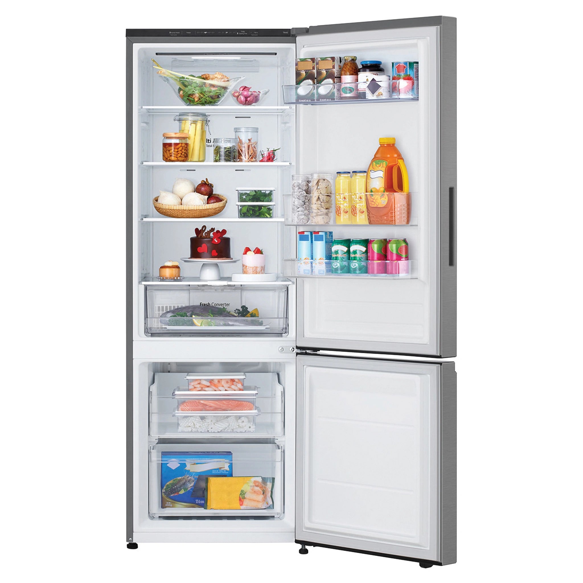 LG 335L Bottom Mount Fridge - Stainless Finish GBB300PL, Front Door Open View With Storages