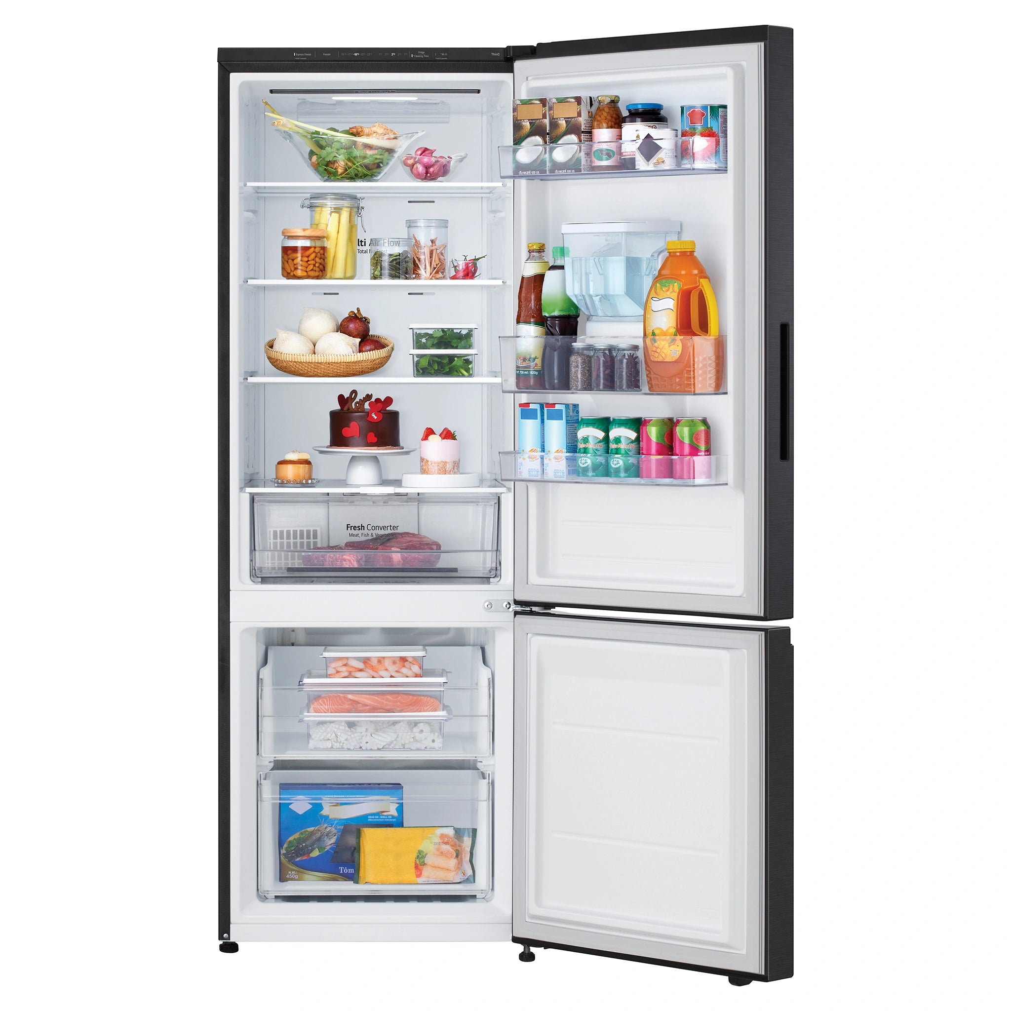 LG 332L Bottom Mount Fridge with Water Dispenser GBW300MBL, Front Door Open View With Storages